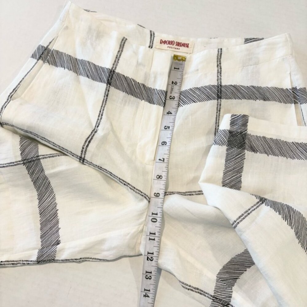 Emporio Sirenuse Linen Pants High Rise Wide Leg White Navy Check Plaid, IT 40 - Picture 14 of 15